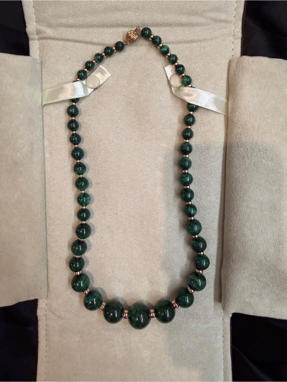 NWT Ross-Simons Dark Green Bead Necklace with Gold-Tone Accents